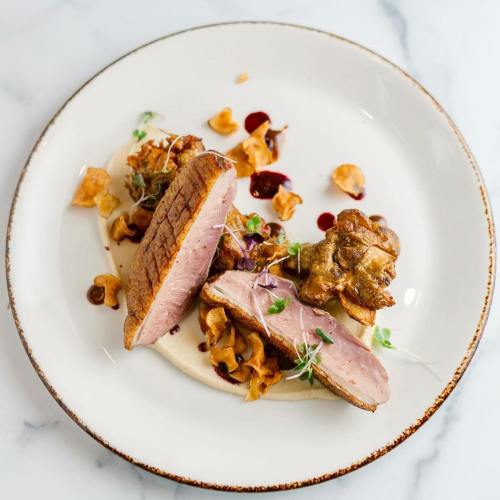 A plated dish featuring sliced duck breast, crispy garnishes, and a creamy sauce, artfully arranged on a white plate.