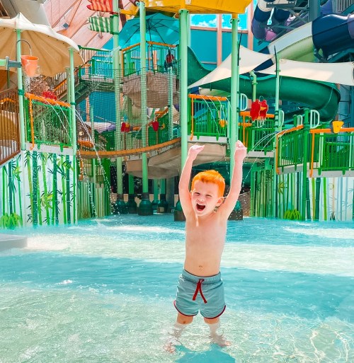 A joyful boy with red hair raises his arms in excitement while playing in a water park. Colorful slides are in the background.