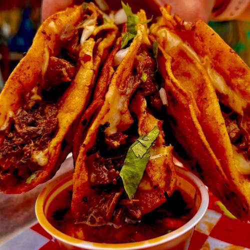 Three delicious tacos filled with meat, cheese, and herbs, served with a small bowl of sauce.