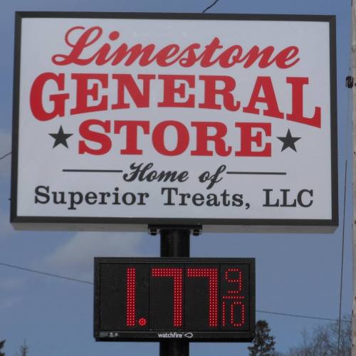 Sign for Limestone General Store, featuring the name and a price display showing $1.77.