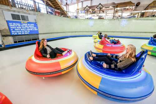 Two women enjoy bumper cars on an ice rink, surrounded by colorful vehicles and a sign in the background.