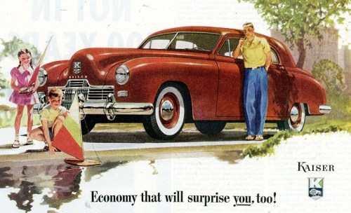 A vintage advertisement featuring a red Kaiser car, a man, a girl, and a boy with a toy sailboat, promoting economy.