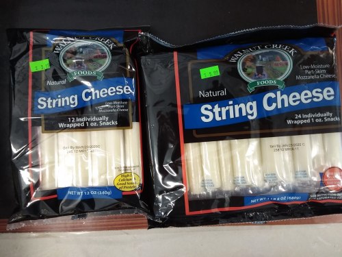 Two packages of string cheese snacks, one with 12 pieces and the other with 24, both labeled as natural cheese.