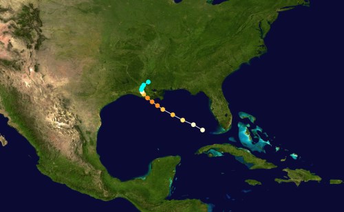 Map showing a hurricane's projected path across the Gulf of Mexico towards the southeastern United States.