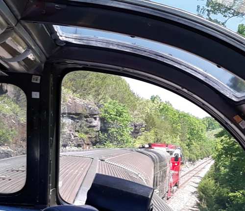 View from a train window showing lush greenery and another train on a parallel track.