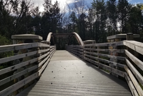 A wooden bridge with curved arches, surrounded by trees and a cloudy sky.