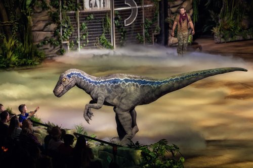 A dinosaur animatronic interacts with an audience in a misty, jungle-themed setting during a live show.