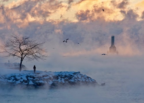 A lone figure walks along a foggy shoreline, with a tree and a distant tower emerging from the mist at sunset.