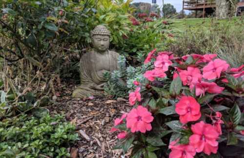 A serene Buddha statue surrounded by vibrant pink flowers and lush greenery in a garden setting.