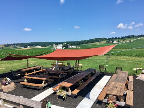 Outdoor seating area with wooden picnic tables under red canopies, overlooking green fields and a blue sky.