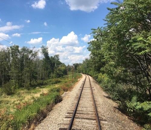 A winding railway track stretches through a lush green landscape under a blue sky with fluffy clouds.