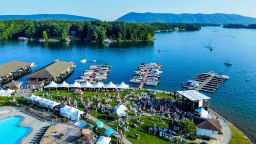 Aerial view of a lakeside event with tents, a crowd, and boats on the water, surrounded by green hills and blue skies.