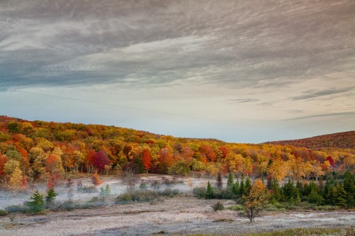 A scenic landscape featuring vibrant autumn foliage on rolling hills under a cloudy sky.
