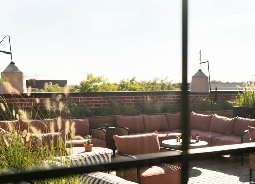 A cozy rooftop lounge with pink seating, greenery, and soft lighting, bathed in warm sunlight.