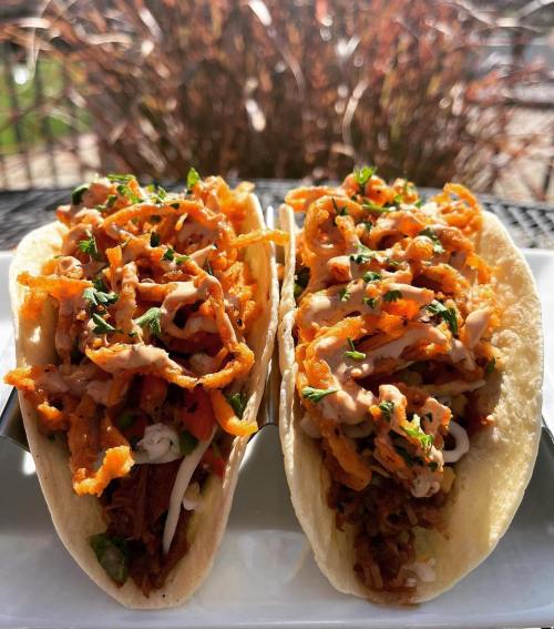 Two tacos filled with shredded meat, topped with crispy onions, herbs, and drizzled with sauce, served on a white plate.