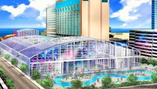 A vibrant architectural rendering of a large glass structure with a pool area, surrounded by buildings and a blue sky.