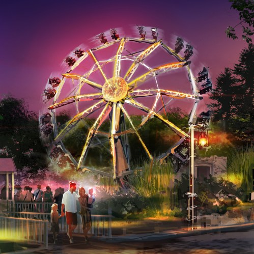 A vibrant ferris wheel illuminated at dusk, surrounded by people enjoying a festive atmosphere.