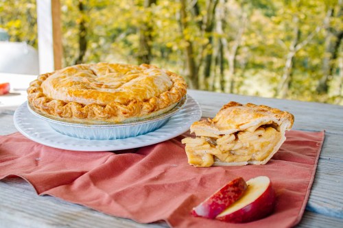 A golden-brown apple pie on a plate, with a slice revealing its apple filling, set on a rustic table with a red napkin.