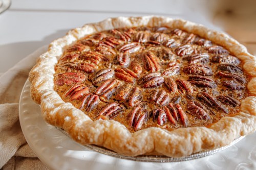 A freshly baked pecan pie with a golden crust, topped with whole pecans, on a white plate.