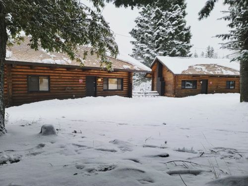 Two log cabins surrounded by snow, with evergreen trees in the background and a cloudy sky above.