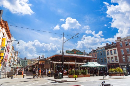 A vibrant outdoor market scene with people dining and shopping under a bright blue sky with fluffy clouds.