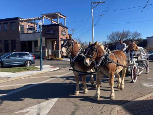 A horse-drawn carriage with two horses passes by a building on a sunny day.