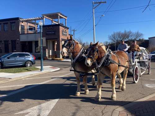 A horse-drawn carriage with two horses passes by a building on a sunny day.
