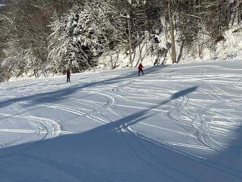 Two skiers navigate a snowy slope, with trees and a ski lift in the background. Sunlight casts long shadows on the snow.