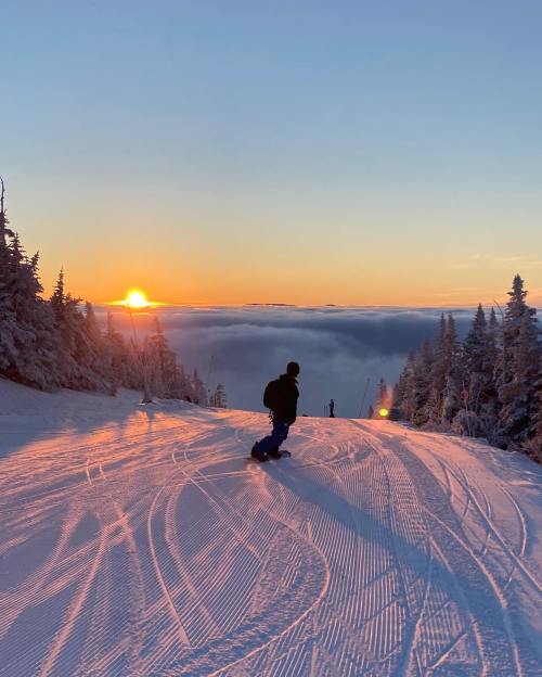 A snowboarder glides down a snowy slope at sunset, with clouds below and trees lining the path.