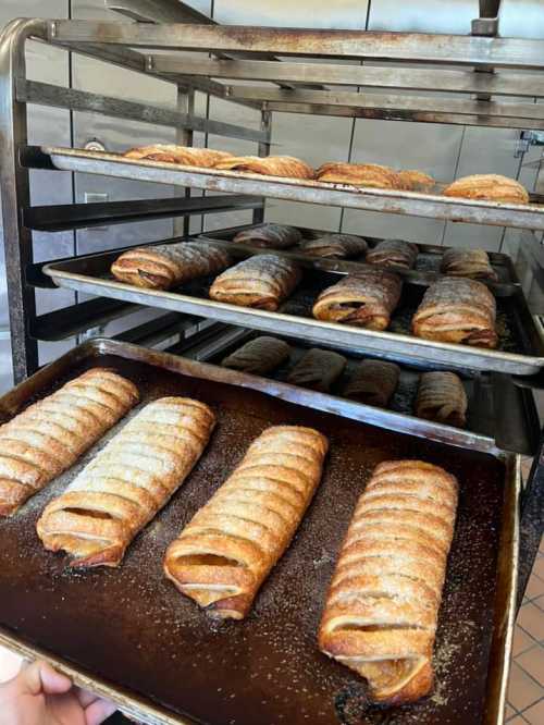 Freshly baked pastries on trays, with a hand holding a tray of golden-brown, flaky treats dusted with powdered sugar.