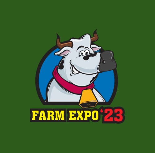 Cartoon cow with a bell, smiling, alongside the text "FARM EXPO '23" on a green background.