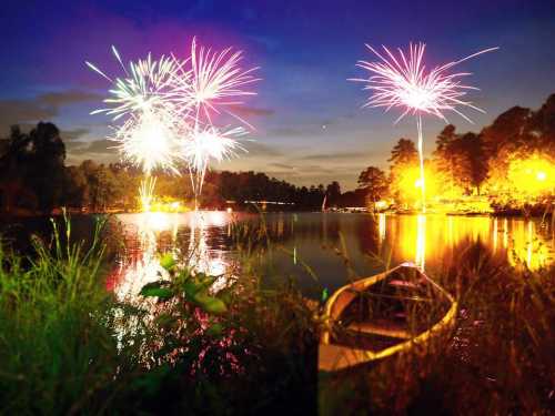 Colorful fireworks illuminate the night sky over a calm lake, with a canoe resting on the grassy shore.