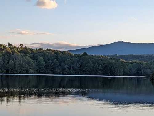 A serene lake surrounded by lush trees and mountains under a clear sky, reflecting the landscape in the water.