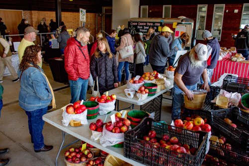 A bustling farmers market with people browsing tables filled with apples and other produce.