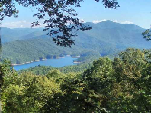 A serene view of a lake surrounded by lush green mountains under a clear blue sky.