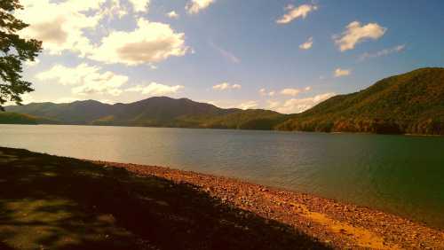 A serene lake surrounded by mountains under a blue sky with fluffy clouds, featuring a rocky shoreline.