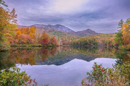 A serene lake surrounded by colorful autumn trees, reflecting mountains under a cloudy sky.