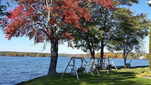 A serene lakeside scene with colorful autumn trees and swings on a grassy shore under a clear blue sky.