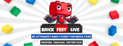 Colorful graphic promoting "Brick Fest Live," a family event for LEGO fans, featuring a cartoon character and vibrant blocks.