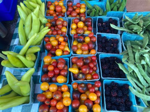 A colorful display of fresh vegetables and berries in blue containers on a checkered tablecloth.