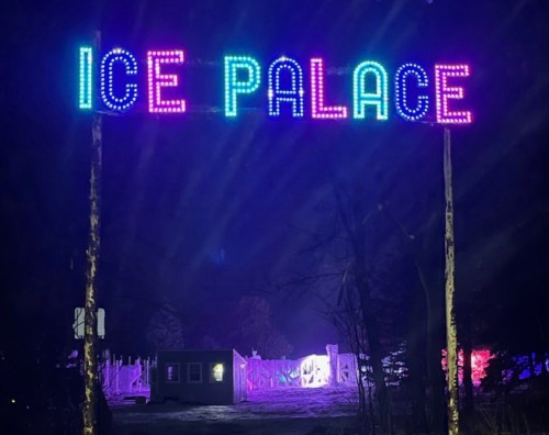 Brightly lit sign reading "ICE PALACE" at night, with colorful lights illuminating a nearby structure.