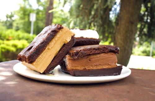 A plate of layered ice cream sandwiches with chocolate brownie layers and creamy fillings, set outdoors.