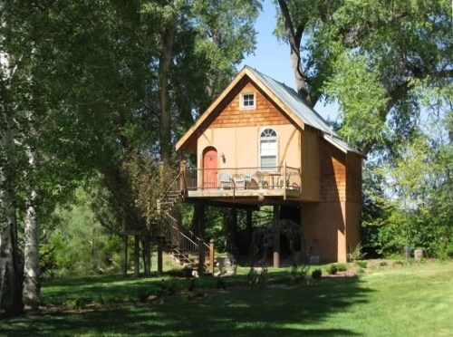 A charming wooden treehouse with a red door, elevated on stilts, surrounded by lush greenery and trees.