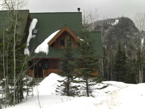 A cozy wooden cabin with a green roof, surrounded by snow-covered trees and mountains in the background.