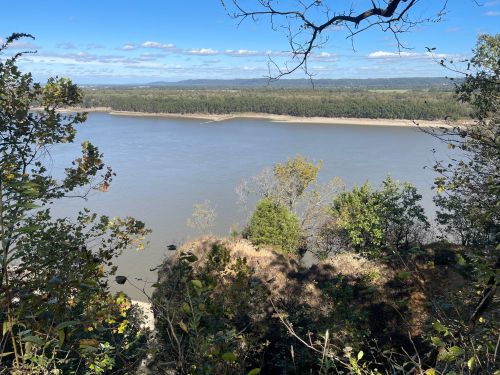 A serene river flows through a lush landscape, framed by trees and a clear blue sky with scattered clouds.