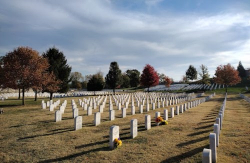 A serene cemetery with rows of white gravestones, surrounded by trees with autumn foliage under a cloudy sky.