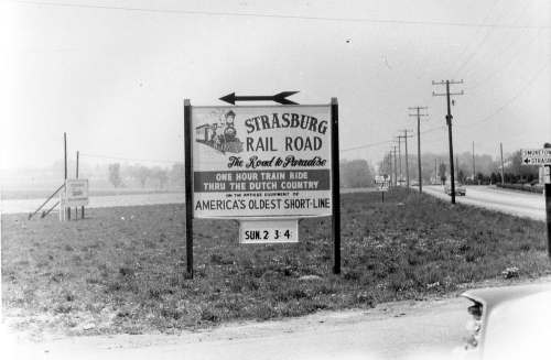 Sign for Strasburg Rail Road, promoting train rides through the Dutch Country, with a vintage aesthetic.