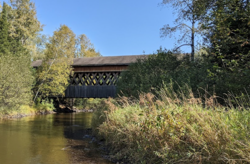 A covered bridge spans a calm river, surrounded by trees and tall grass under a clear blue sky.