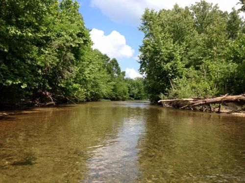 A serene river flows through a lush green landscape under a partly cloudy sky.
