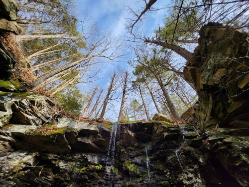 View from below a rocky overhang, with trees and a blue sky above, and water cascading down the rocks.